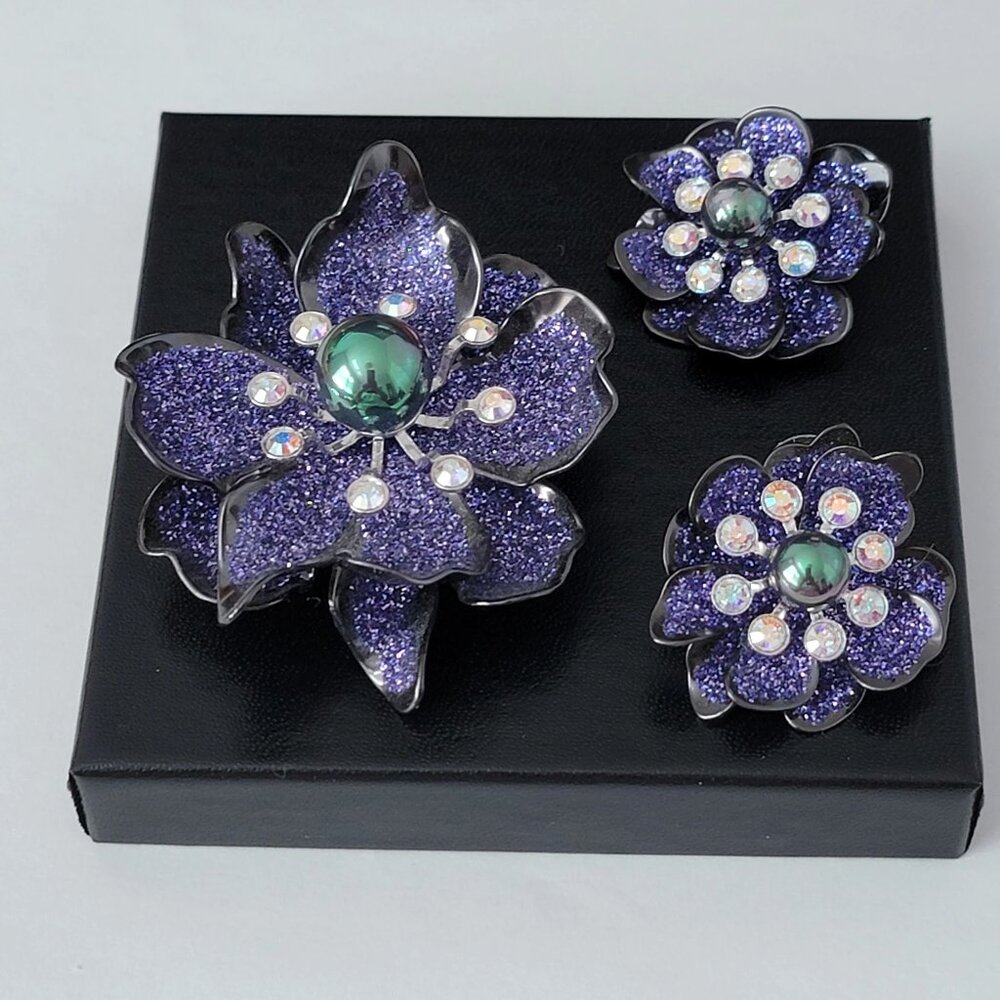 Stunning Purple Joan Rivers Floral Statement Brooch and Earring Set